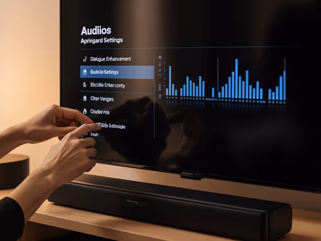 technician_adjusting_soundbar_settings_on_tv_screen